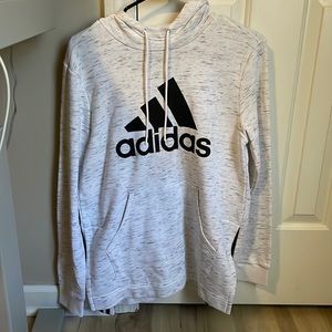 Medium white adidas hoodie with black letters.